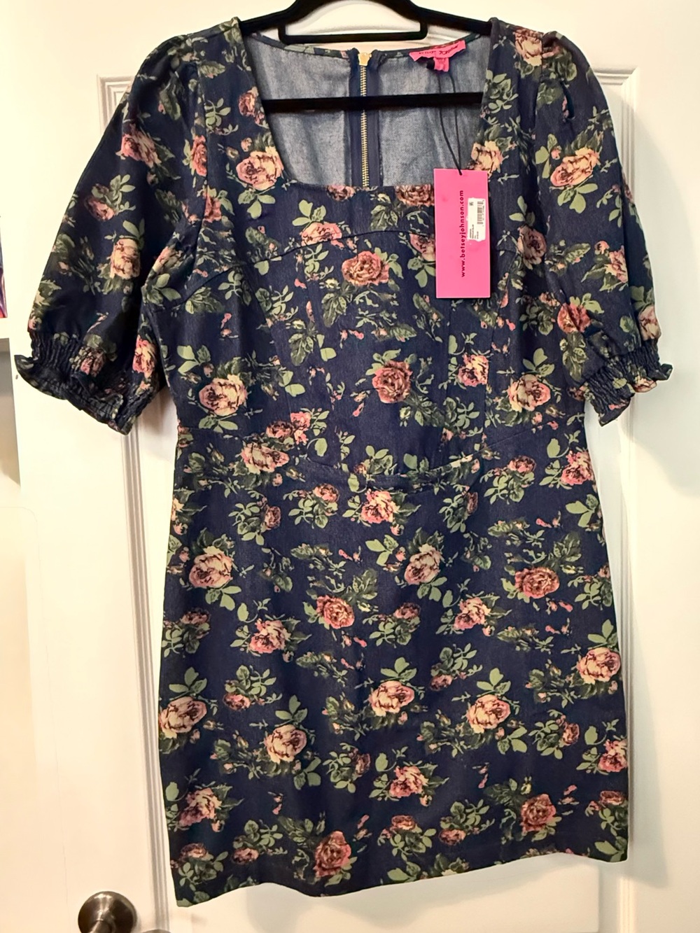 Betsey Johnson Navy Midi Dress with Pink Rose Print